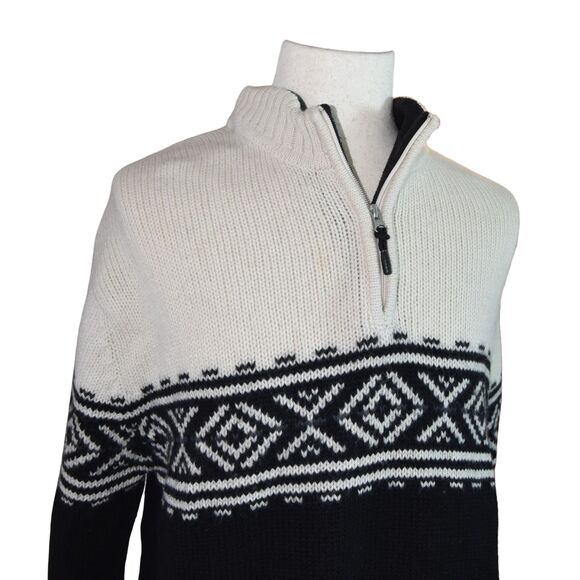 Vintage Obermeyer Mens 100% Wool Sweater Nordic Fair Isle Quarter Zip Black XL - Picture 3 of 5